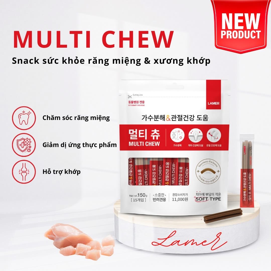 THANH NHAI CHO CHÓ LAMER MULTI CHEW ĐA CHỨC NĂNG GIẢM KÍCH THÍCH CHO RĂNG VÀ NƯỚU 150G | 15 THANH