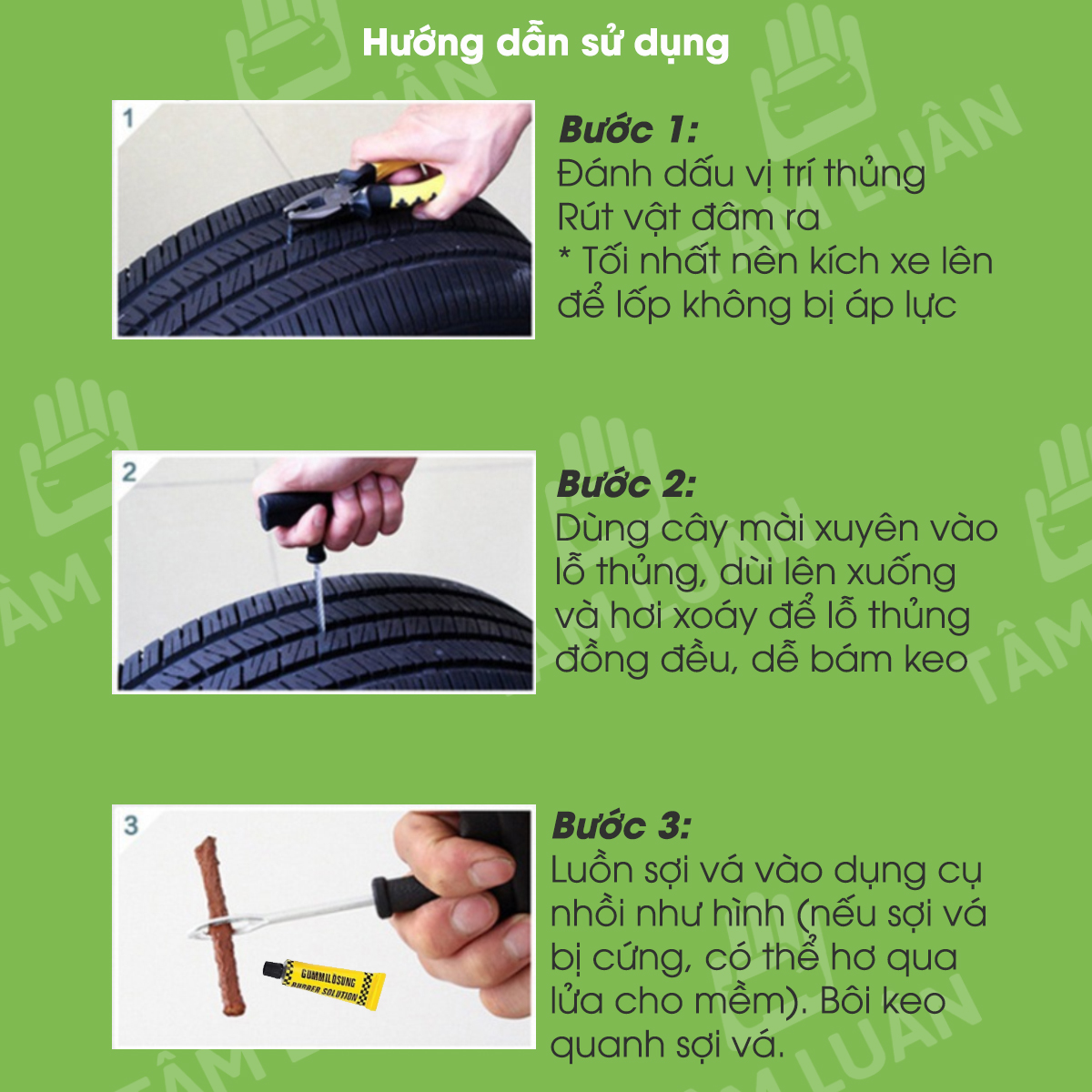 Bộ vá lốp ô tô khẩn cấp, vá xe không ruột săm, vá lụi, vá rút - Phụ kiện oto Tâm Luân