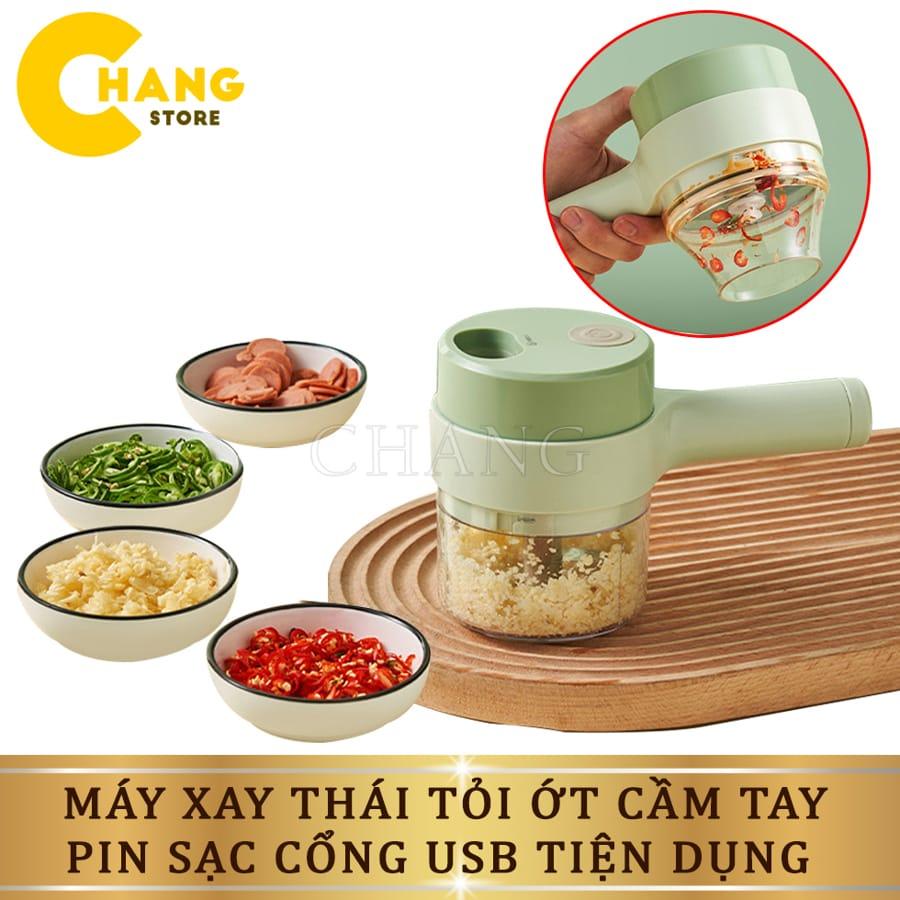 Máy Xay, Máy Thái, Cắt Rau Củ Quả Cầm Tay Đa Năng 4 In1, Xay Tỏi Xay Ớt Tiện Lợi Đa Năng Pin 1500mAh