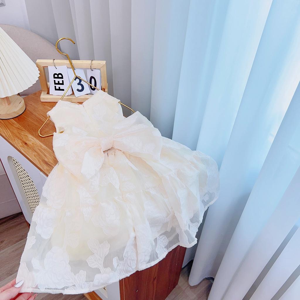 Váy bé gái thiêt kế 2 lớp hoa nổi nơ to