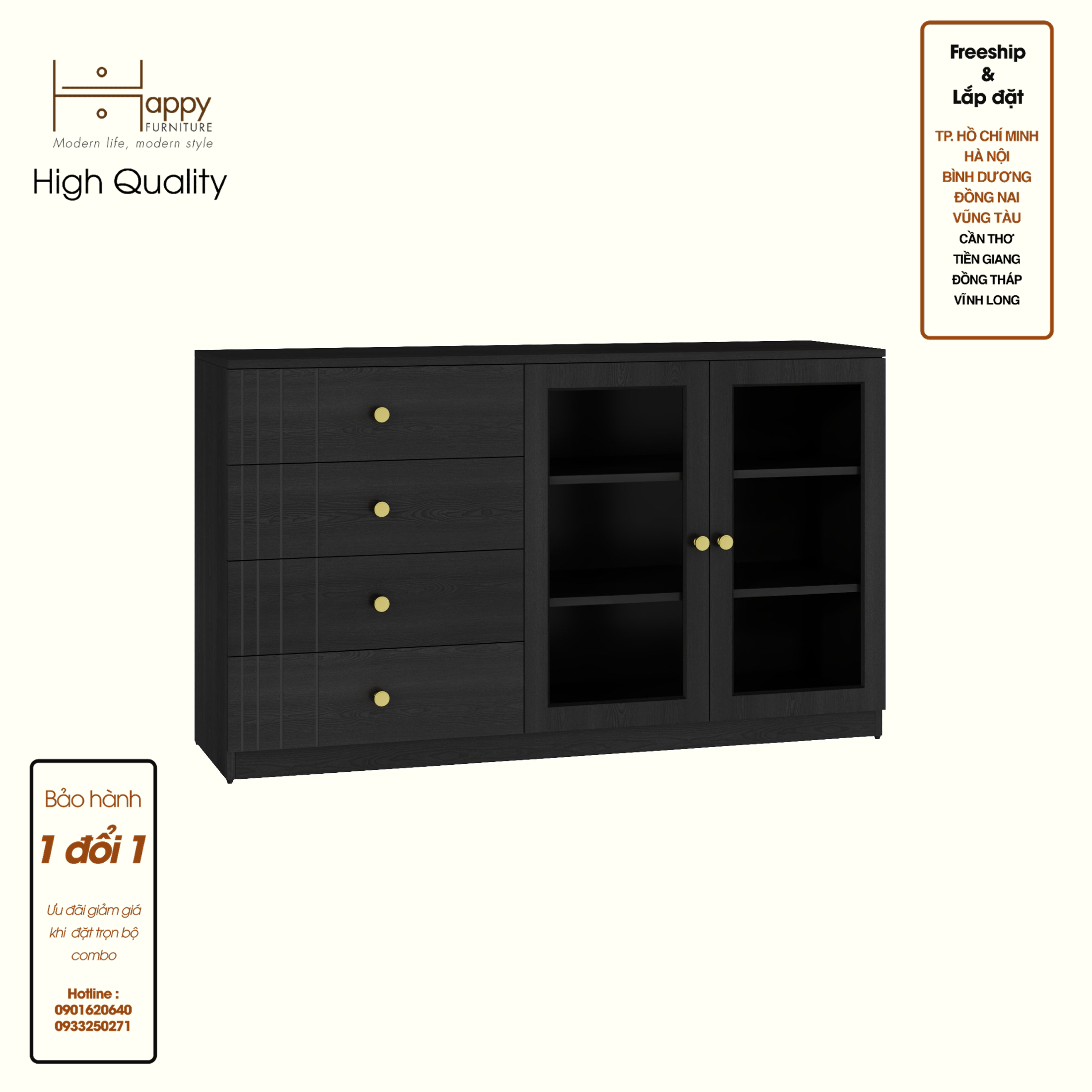 [Happy Home Furniture] JOVIE, Tủ lưu trữ cửa kính 4 ngăn kéo, 140cm x40cm x 82cm ( DxRxC), TCM_163