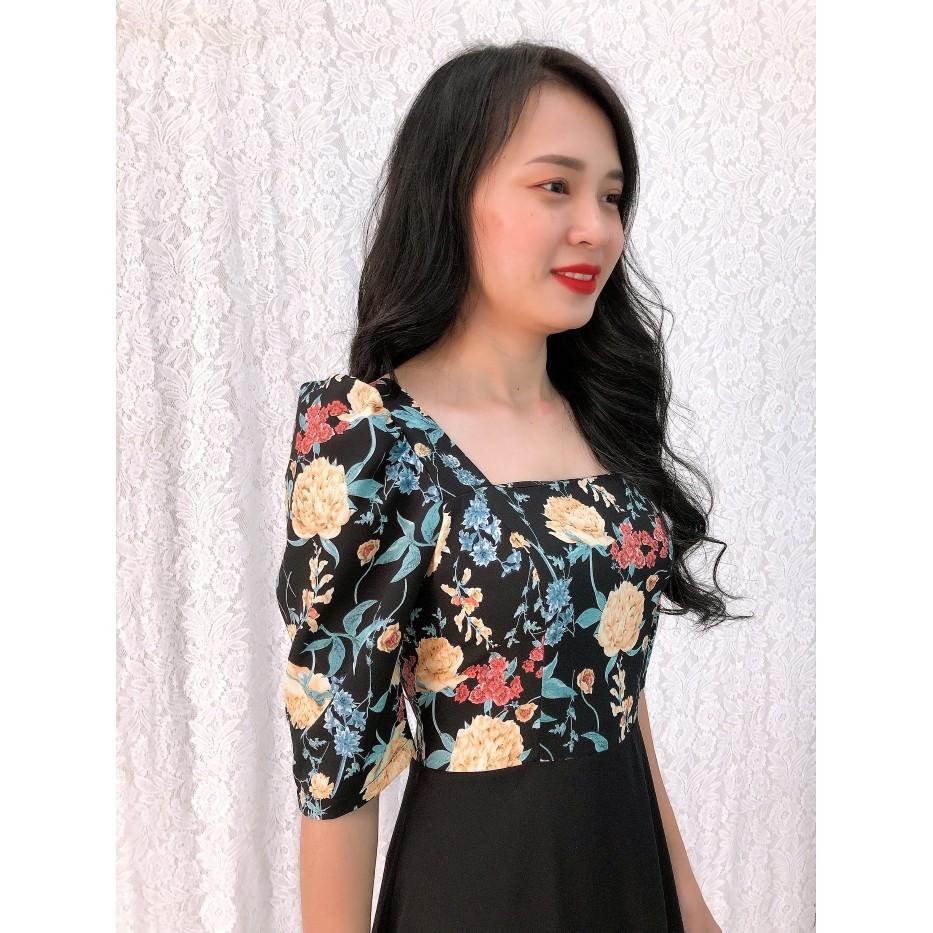 Đầm xòe họa tiết hoa tay lửng