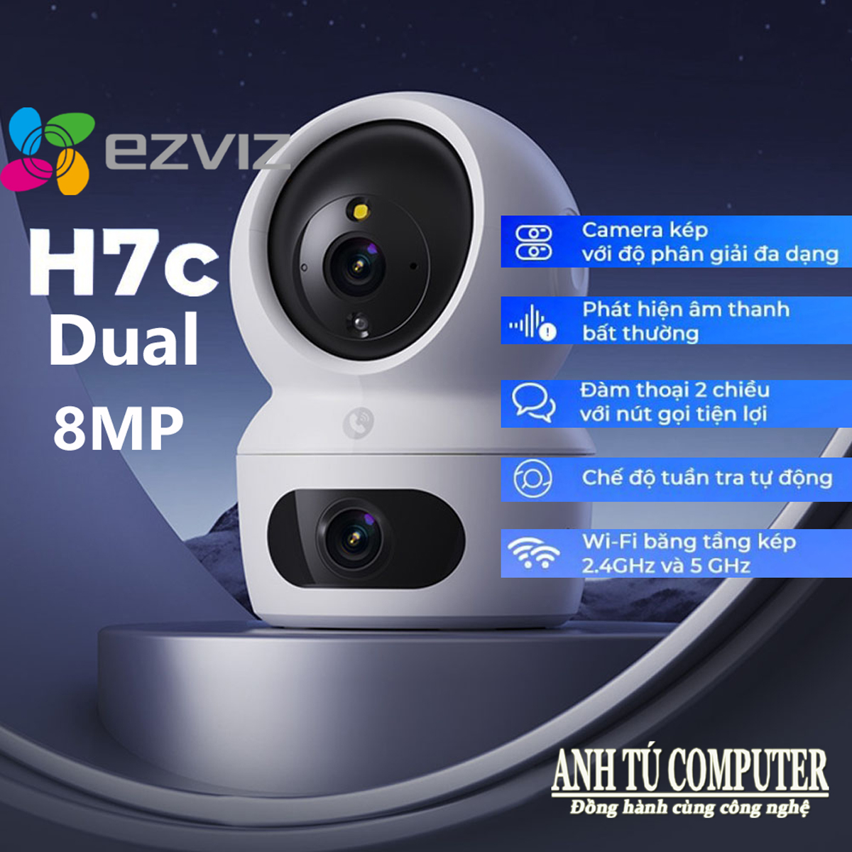 Camera WiFi 2 mắt trong nhà EZVIZ H7c Dual 8MP (4MP+4MP) hàng chính hãng