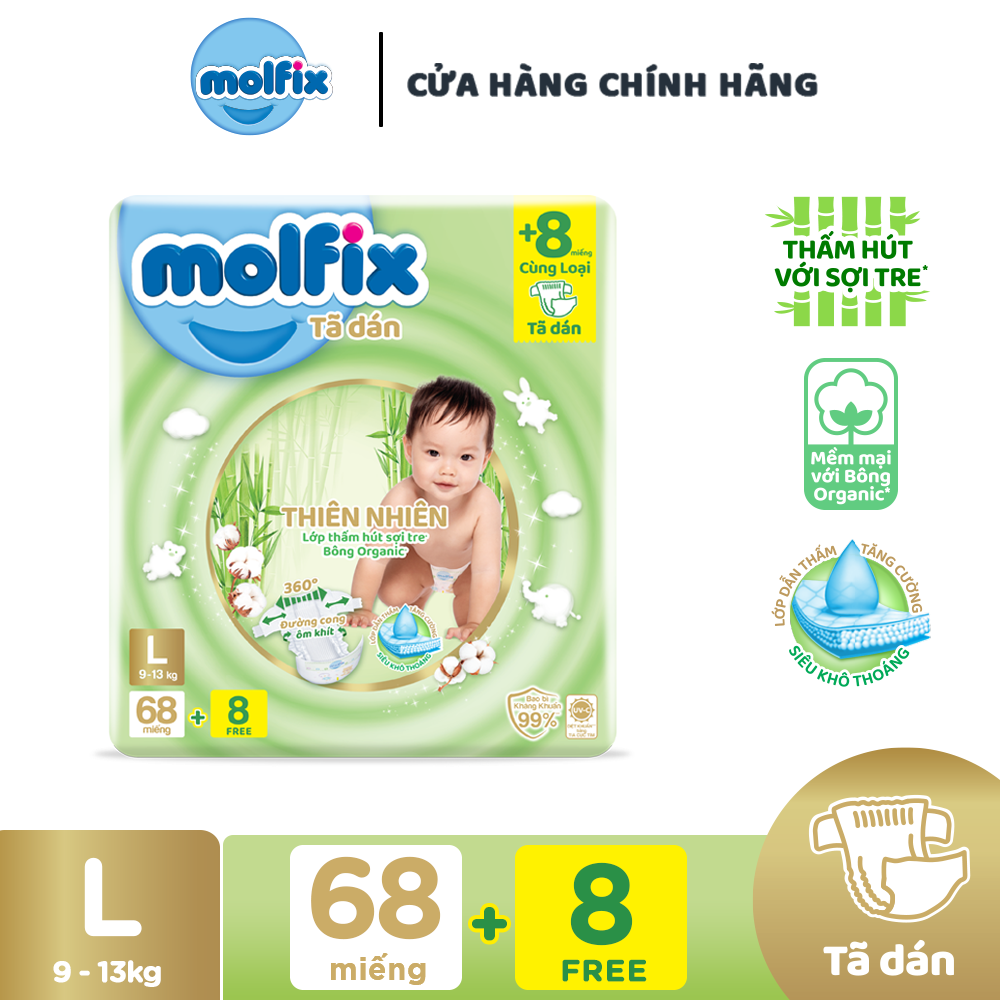 Tã/bỉm dán Molfix Thiên nhiên Super Jumbo L (9kg - 13kg) - Gói 68+8 miếng