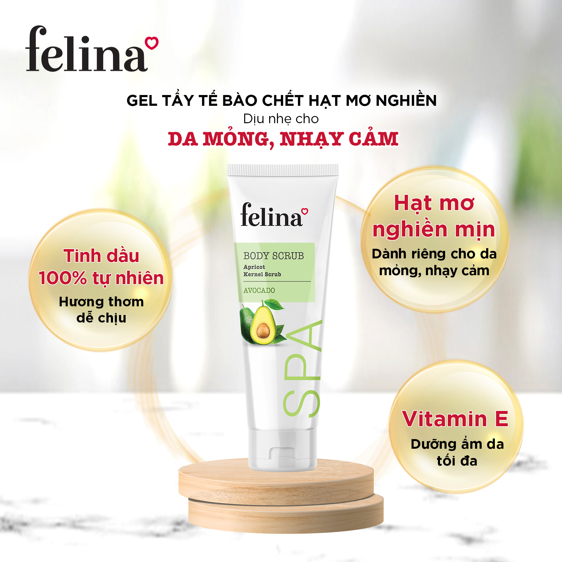 Gel tắm tẩy tế bào chết body Felina Home Spa 300ml từ hạt mơ nghiền cho da nhạy cảm