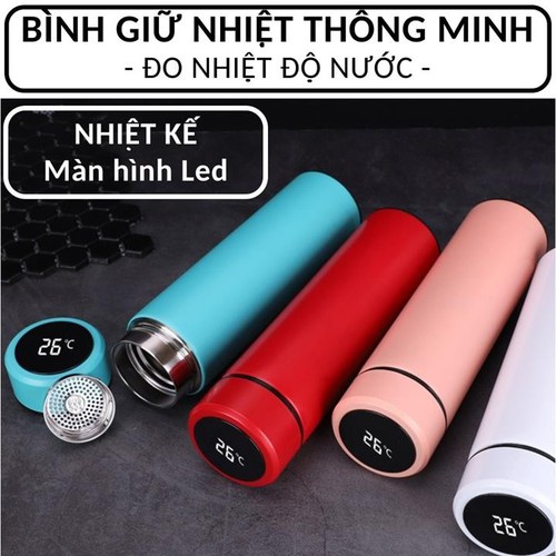 Bình giữ nhiệt có nhiệt kế LED báo nhiệt độ (giao màu ngẫu nhiên) tặng kèm túi zip hoạ tiết đựng trà