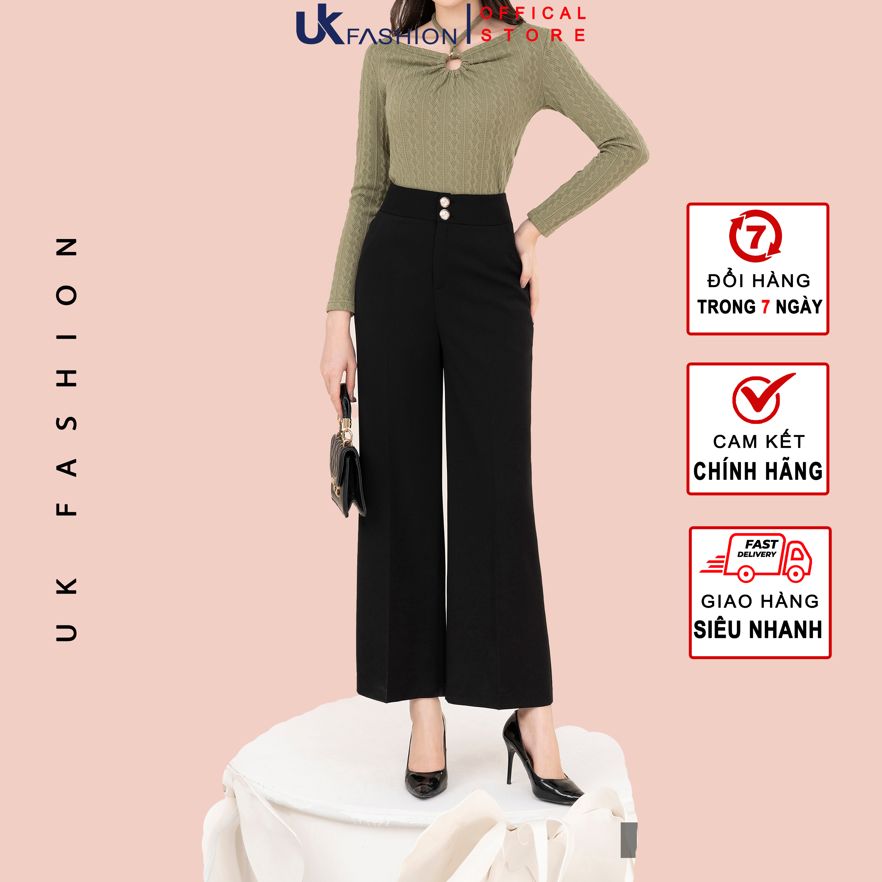Quần Ống Rộng Cúc Đóng UK Fashion Thiết Kế Thanh Lịch Chất Vải Mềm Mịn Co Giãn Nhập Hàn Cao Cấp NKQU2210002