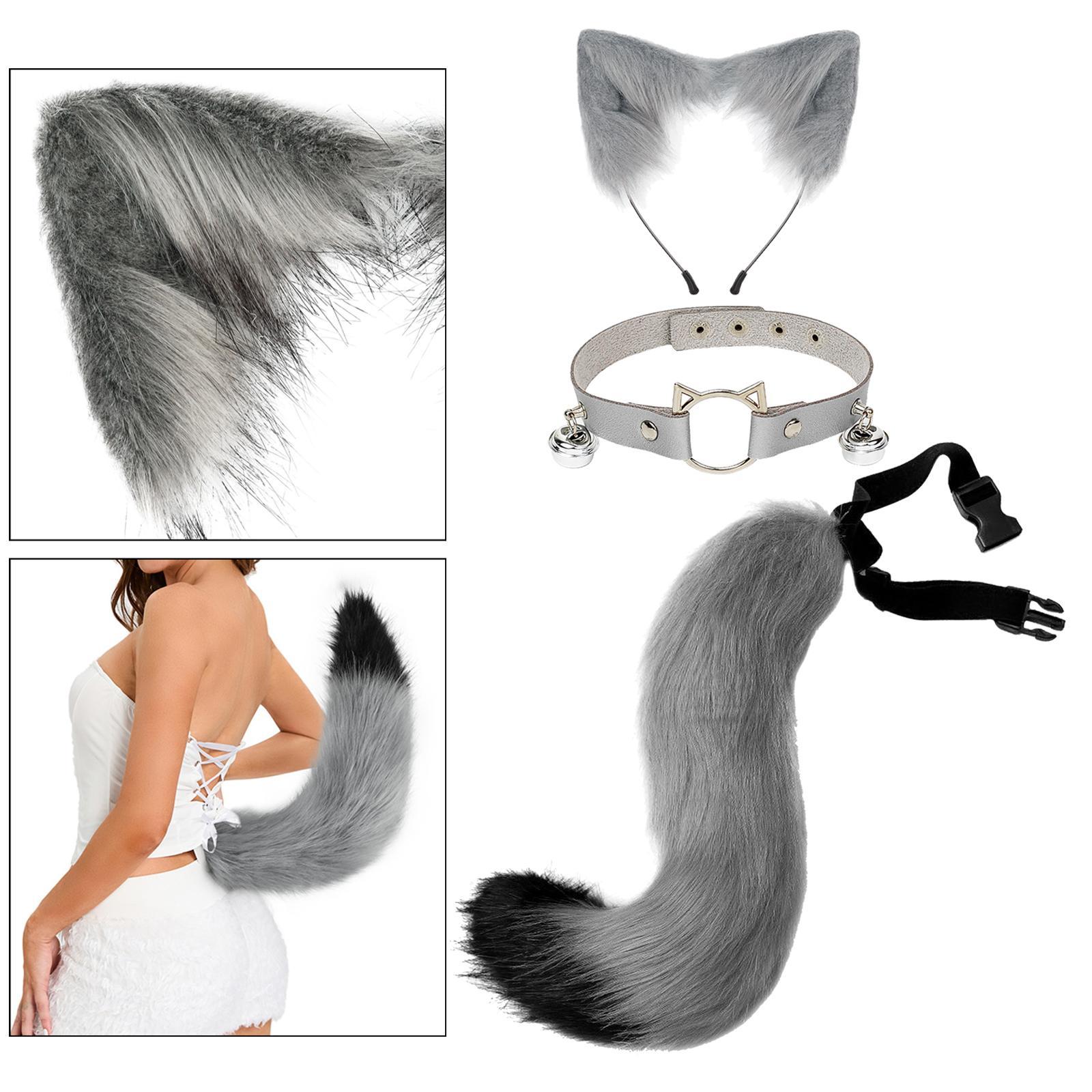3x Plush Fox Ears and Tail Set Cosplay Cat Ears Headband with Tail Furry Wolf Long Tail for Prop Fancy Dress Role Play Halloween Kids Adult