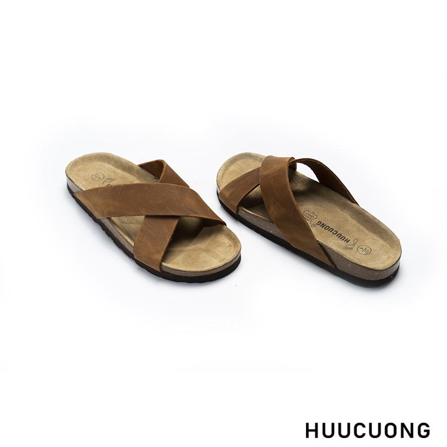 Dép unisex HuuCuong quai chéo da bò nâu đế trấu handmade