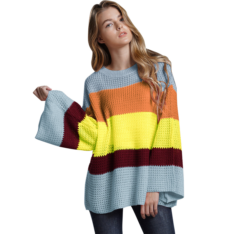 Women Loose Striped Knitted Pullover Sweater Rain-bow Contrast Color Bell Long Sleeves O Neck Knitting Top