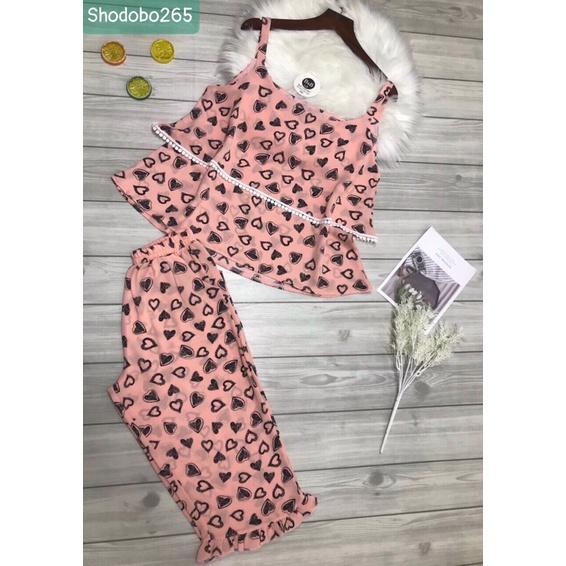 Bộ ngủ 2 dây,đồ bộ lửng mặc nhà vải lụa mango BL 123 hoạ tiết dễ thương size 47-60kg.