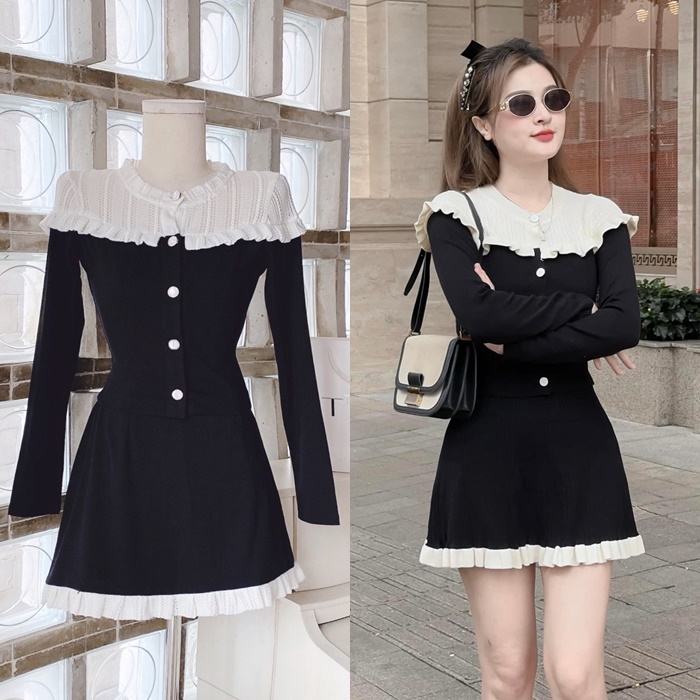 ĐẦM ĐEN SET ÁO CROPTOP LEN THUN TAY DÀI + CHÂN VÁY NGẮN LƯNG CAO CHỮ A ĐI TIỆC ĐI CHƠI NOEL DẠO PHỐ GIÁNG SINH ĐI BIỂN