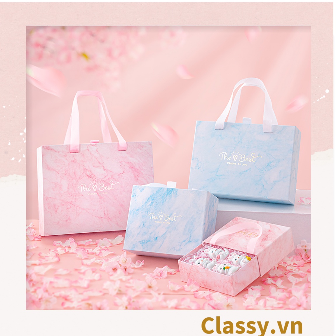 Hộp giấy cứng đựng quà tặng in chữ THE BEST có quai xách, chất liệu cứng cáp 3 kích thước