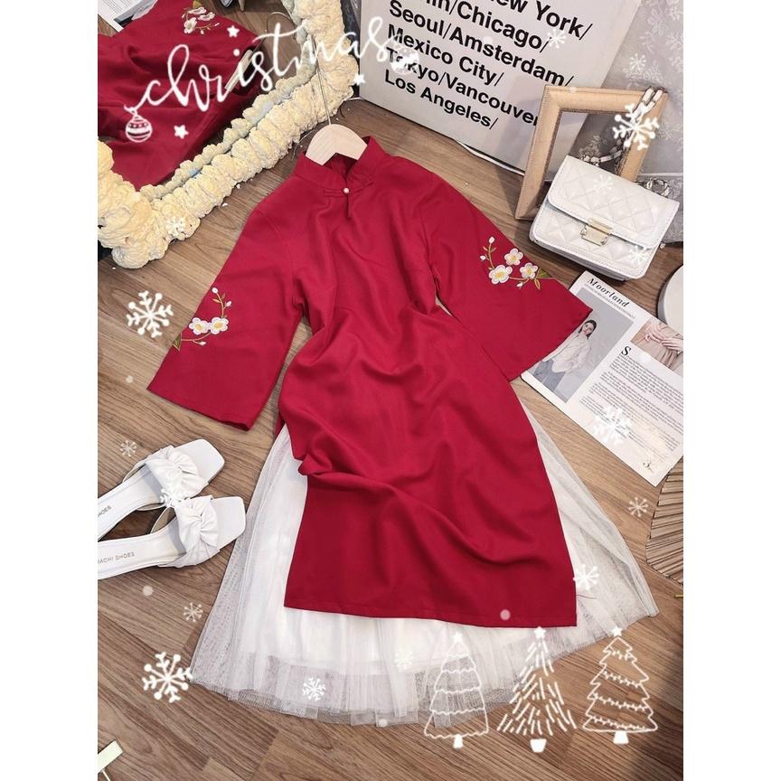 Set áo dài cách tân kèm chân váy lưới trắng đi chùa chúc tết