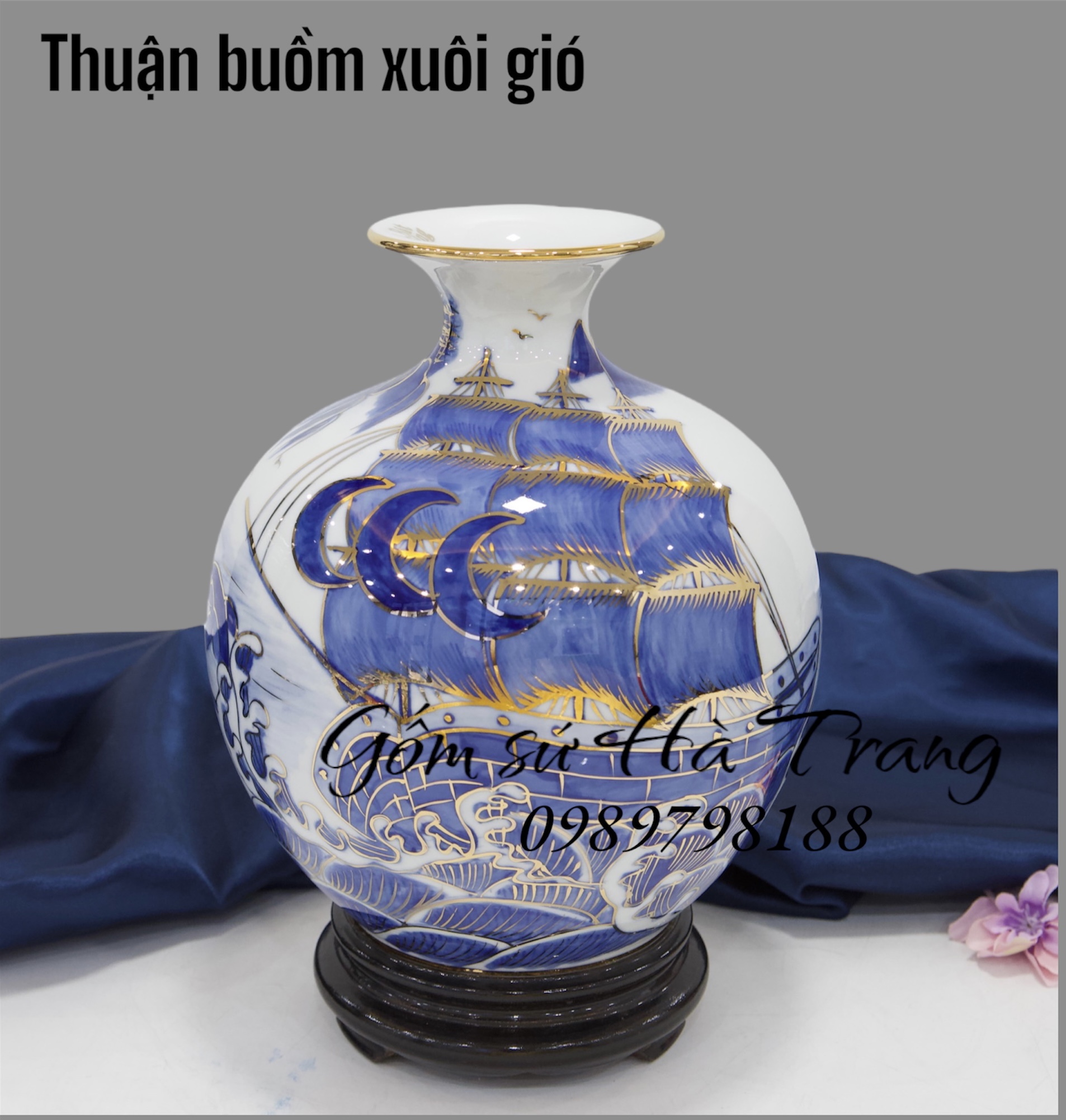Bình hút tài lộc gốm sứ Bát Tràng cao cấp vẽ vàng hoạ tiết thuận buồm xuôi gió cao 22cm