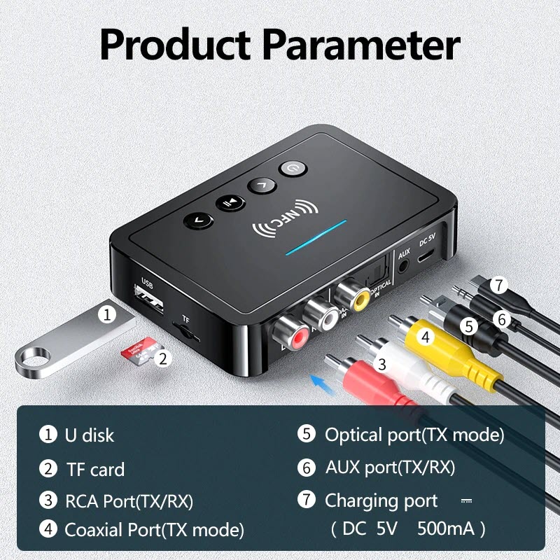 NFC Bluetooth Audio Transmitter Receiver Support FM/U-Disk/TF Card Play 3.5mm AUX 2 RCA Optical Coaxial Wireless Adapter. M6 Bluetooth 5.0 Receiver Transmitter Wireless Adaper AUX 3.5MM Optical Coaxial TF/U-Disk USB FM LED Digital Display With HD Mic