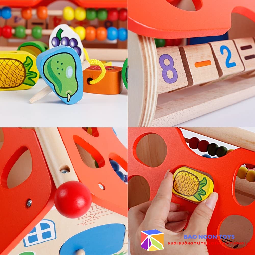 ĐỒ CHƠI NGÔI NHÀ GỖ MONTESSORI THẢ HÌNH TRÁI CÂY GIÚP BÉ HỌC LUỒN HẠT, CON SỐ, PHÉP TÍNH, TÊN CÁC LOẠI TRÁI CÂY VÀ MÀU SẮC