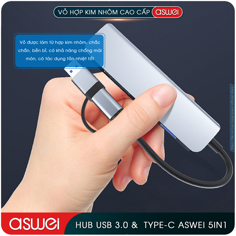 Hub Chuyển Đổi USB Type C ASWEI 5 in 1 To USB 3.0, SD, TF - Hàng Chính Hãng