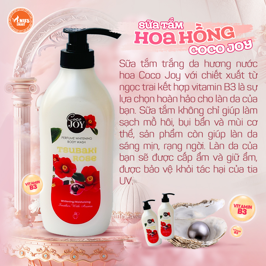 Sữa tắm trắng da hương nước hoa Cocojoy chiết xuất hoa hồng và protein ngọc trai , dưỡng trắng, cấp ẩm, thơm lâu 6g, 500g, 900g