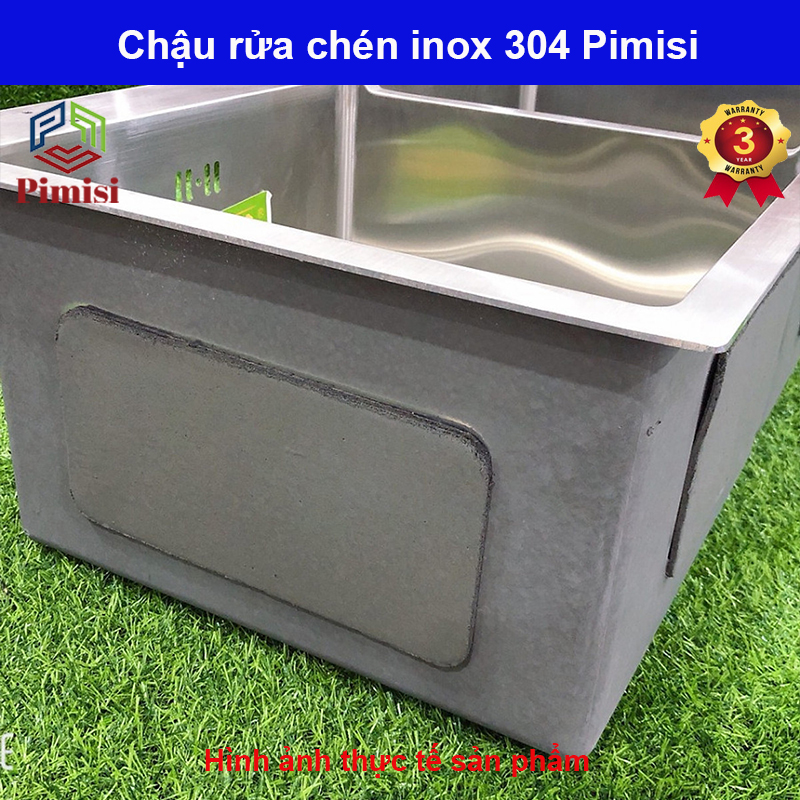 Chậu rửa bát inox 304 Pimisi đúc 2 hố cân, lệch - kích thước 7843-8245 cm đầy đủ xi phông dùng để rửa chén bát gắn được cả âm bàn đá | Hàng chính hãng