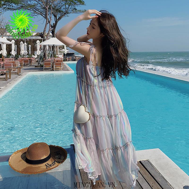 Đầm Xòe Trễ Vai Họa Tiết Cầu Vồng Xinh Xắn Dành Cho Nữ