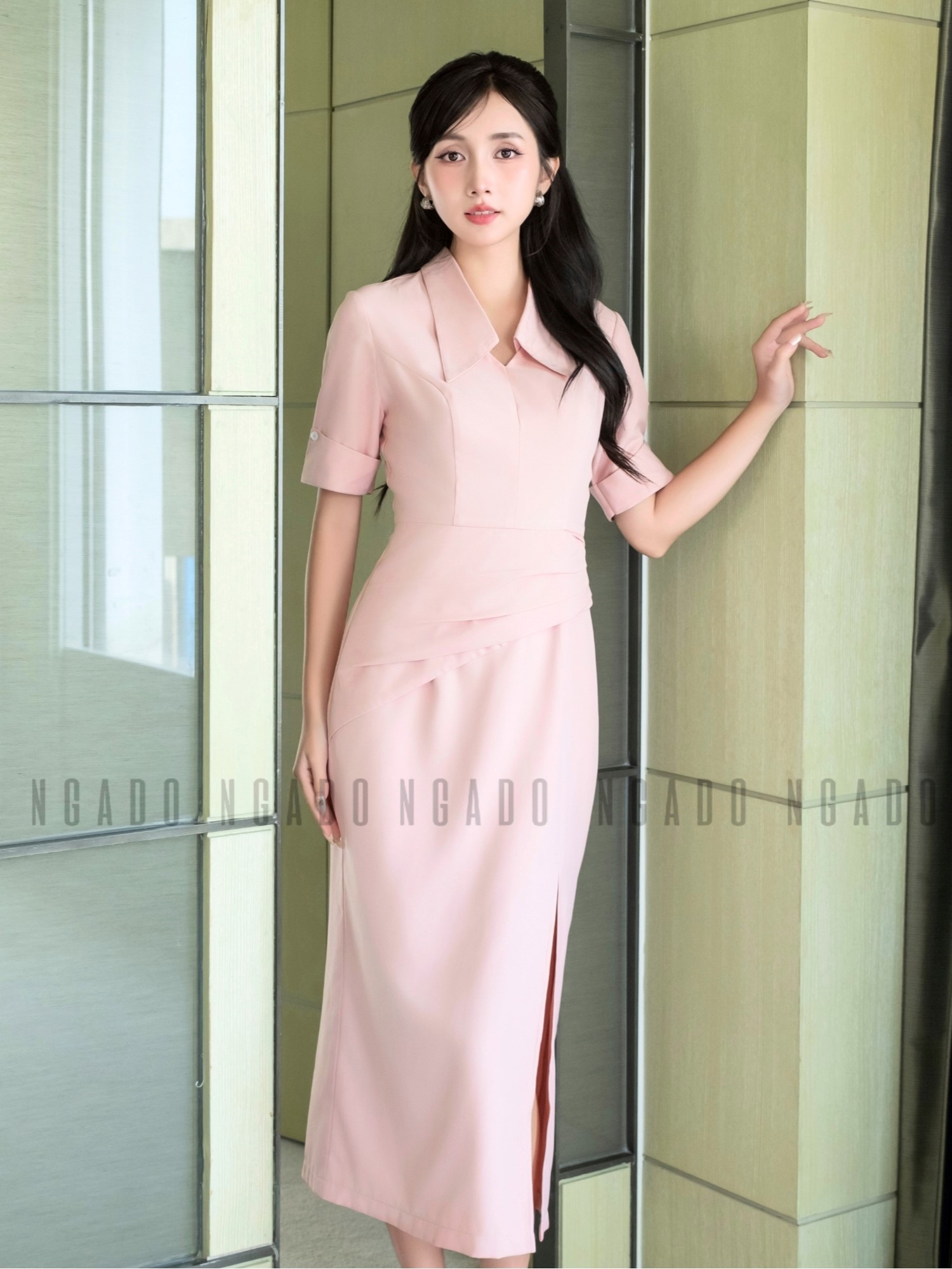 Đầm hồng bút chì xếp ly NGADO, đầm công sở , đầm dự tiệc