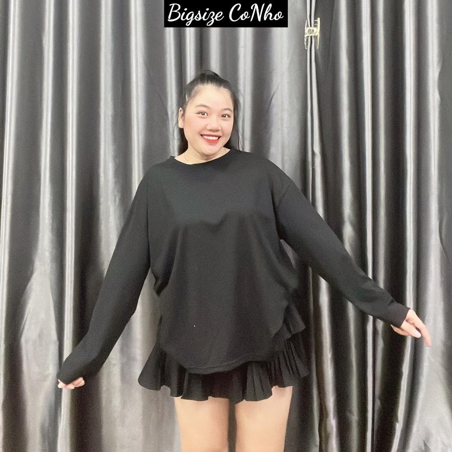 Áo thun trơn tay dài bigsize nữ freesize form rộng cho nàng Chuppy từ 58-95kg, Áo phông oversize THUN TD - Màu đen