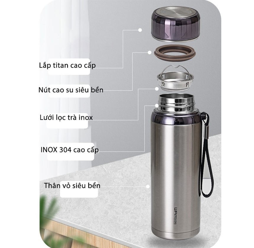 Bình giữ nhiệt 1.5 lít - Phích / ca giữ nhiệt bằng Inox 304 cao cấp đựng đồ uống thể tích 1500ml