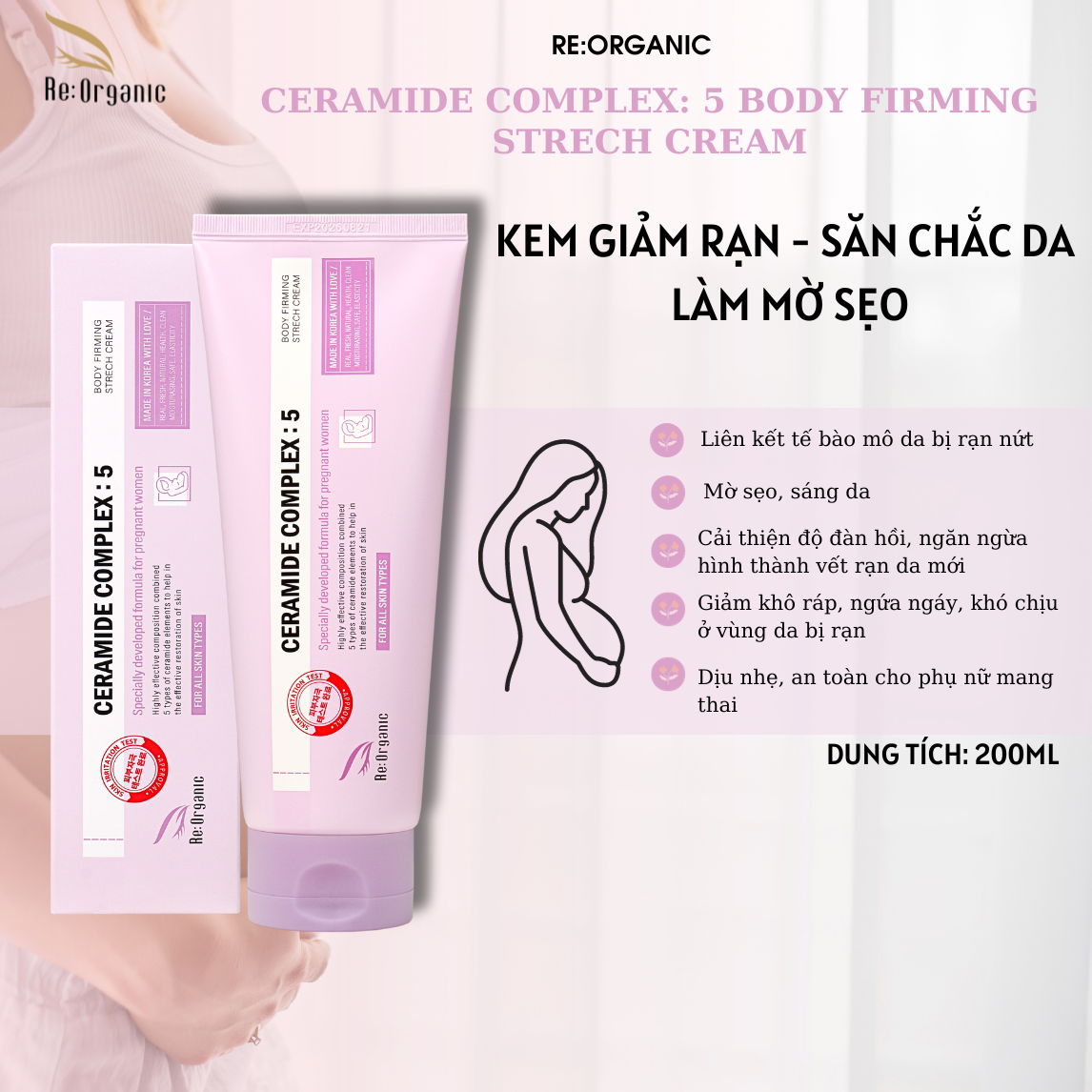 Kem body trị rạn da, dưỡng trắng giảm nếp nhăn – Re:Organic Body Firming Stretch Cream 200ml