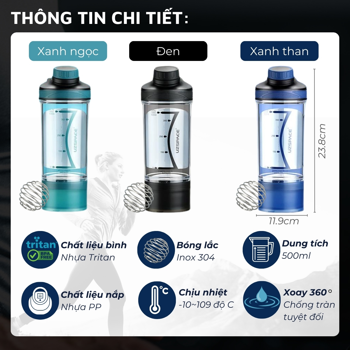 Bình lắc thể thao nhựa Tritan BPA Free DandiHome UZSPACE dung tích 500ml có khay chứa bột