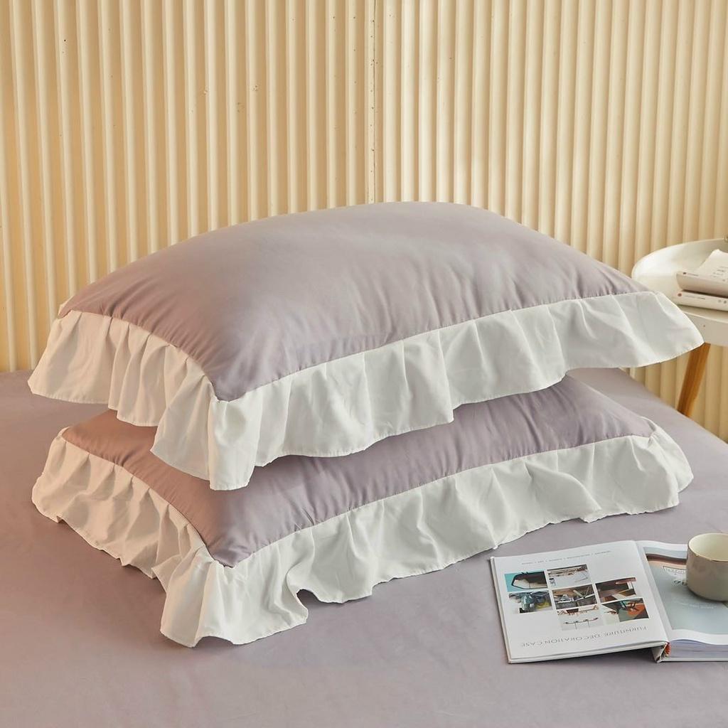 Bộ Chăn Ga Gối Cotton Tici Riềm Bèo Tím Nhạt