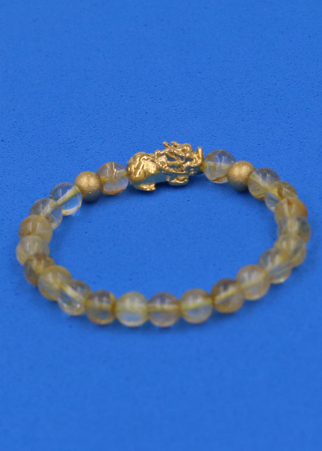 Vòng đeo tay Thạch Anh Tóc vàng 6 ly cẩn Tỳ Hưu inox vàng VTATVTHHBV6 - hợp mệnh Kim, mệnh Thổ