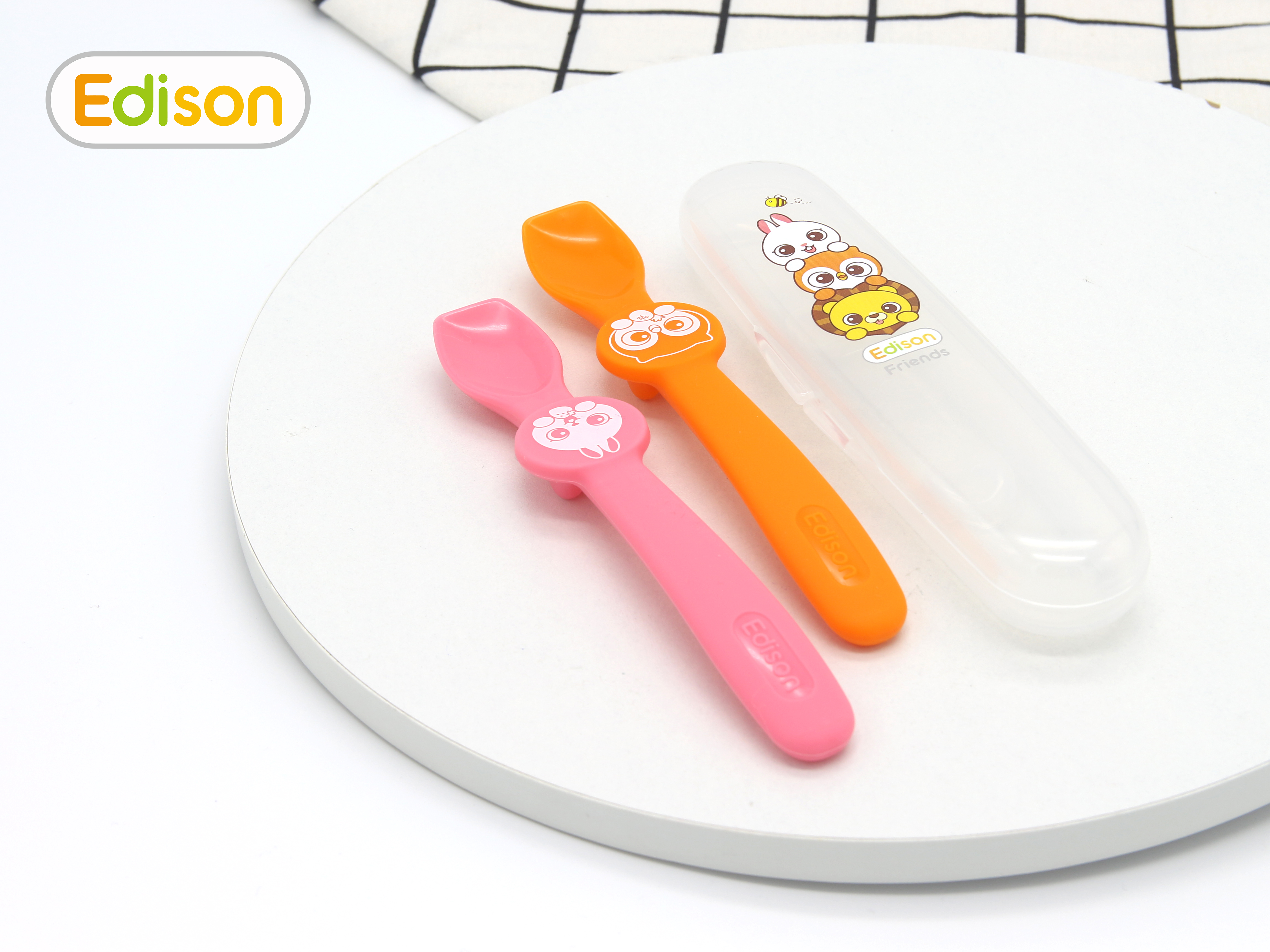 MADE IN KOREA Set 2 thìa ăn dặm silicon Hàn Quốc Edison - thìa tập xúc siêu mềm hình Cú-Sư Tử và Cú-Thỏ hàng chính hãng