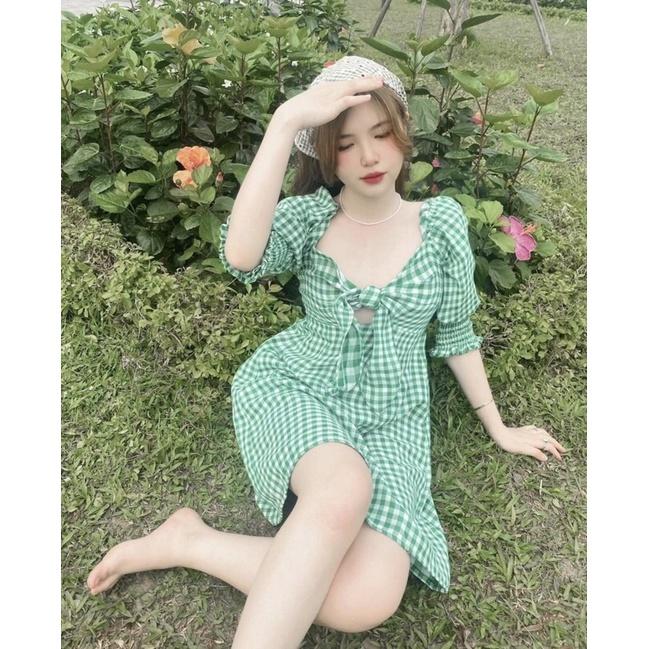Váy nơ ngực kẻ xanh 68108