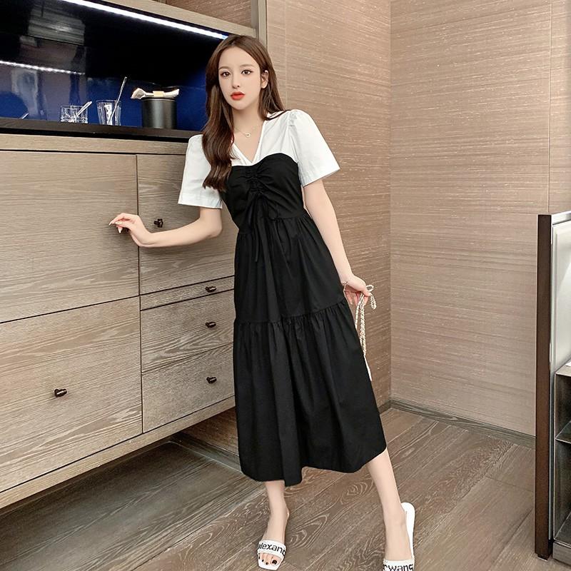 Váy bầu suông tay trắng có dây rút ngực - chất vải đũi Thái cao cấp màu Hồng / Đen - DB01
