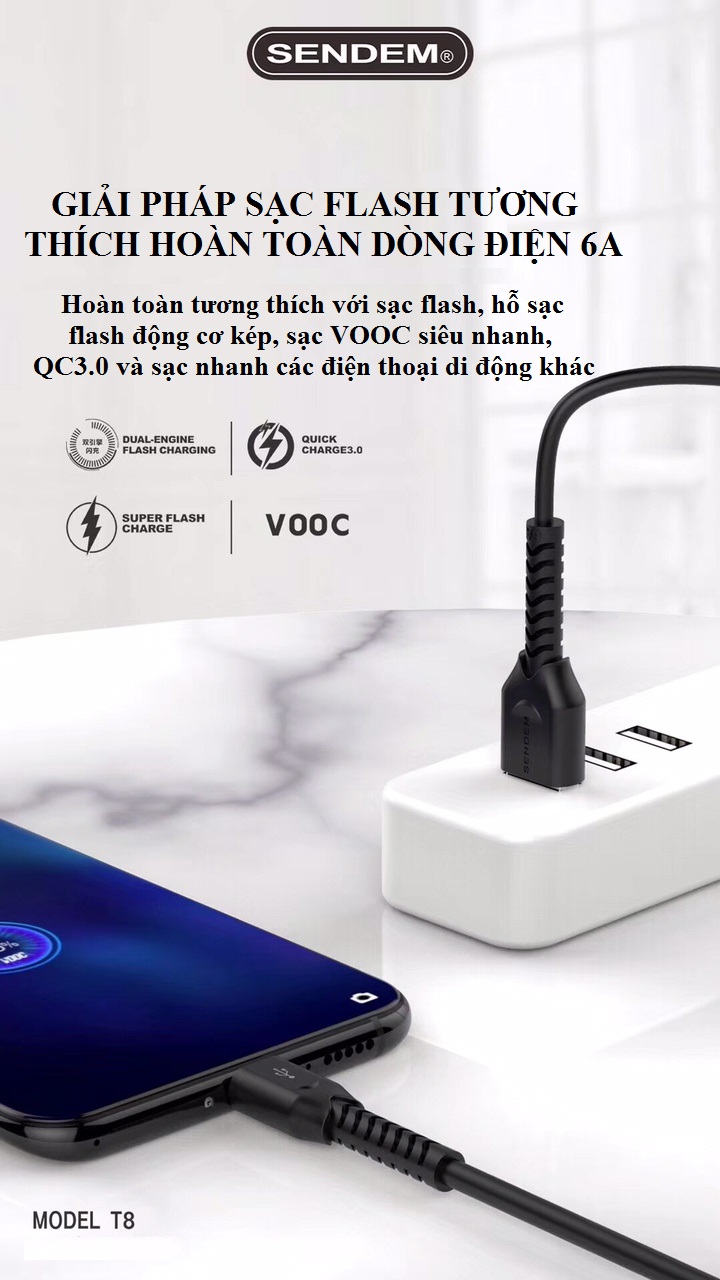 Cáp sạc siêu tốc SENDEM T8 6A MicroUSB, Lightning, TypeC hỗ trợ VOOC, Qualcom 3.0 dành cho điện thoại đời cao của Iphone, Samsung, Oppo,... (Giao màu ngẫu nhiên) - Hàng chính hãng