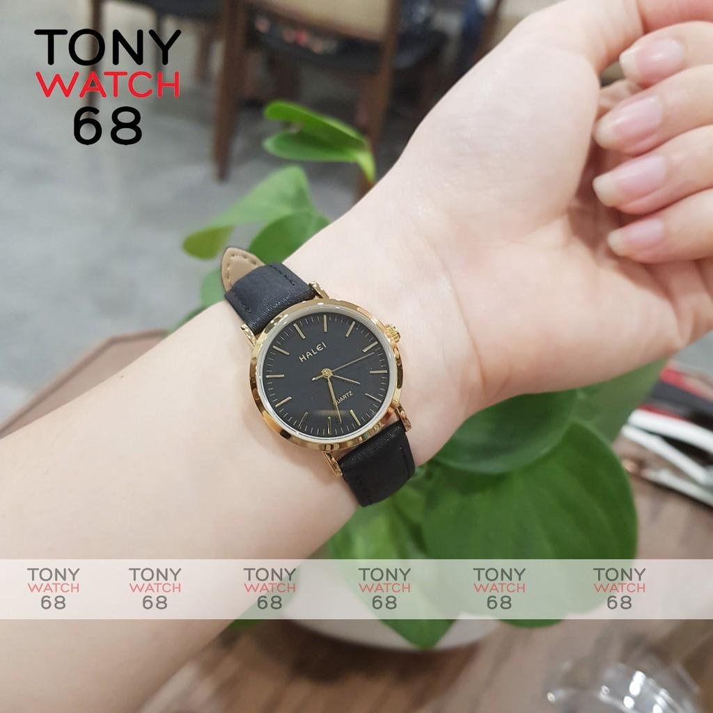 Đồng hồ nữ Halei dây da nâu mặt số vạch chính hãng Tony Watch 68