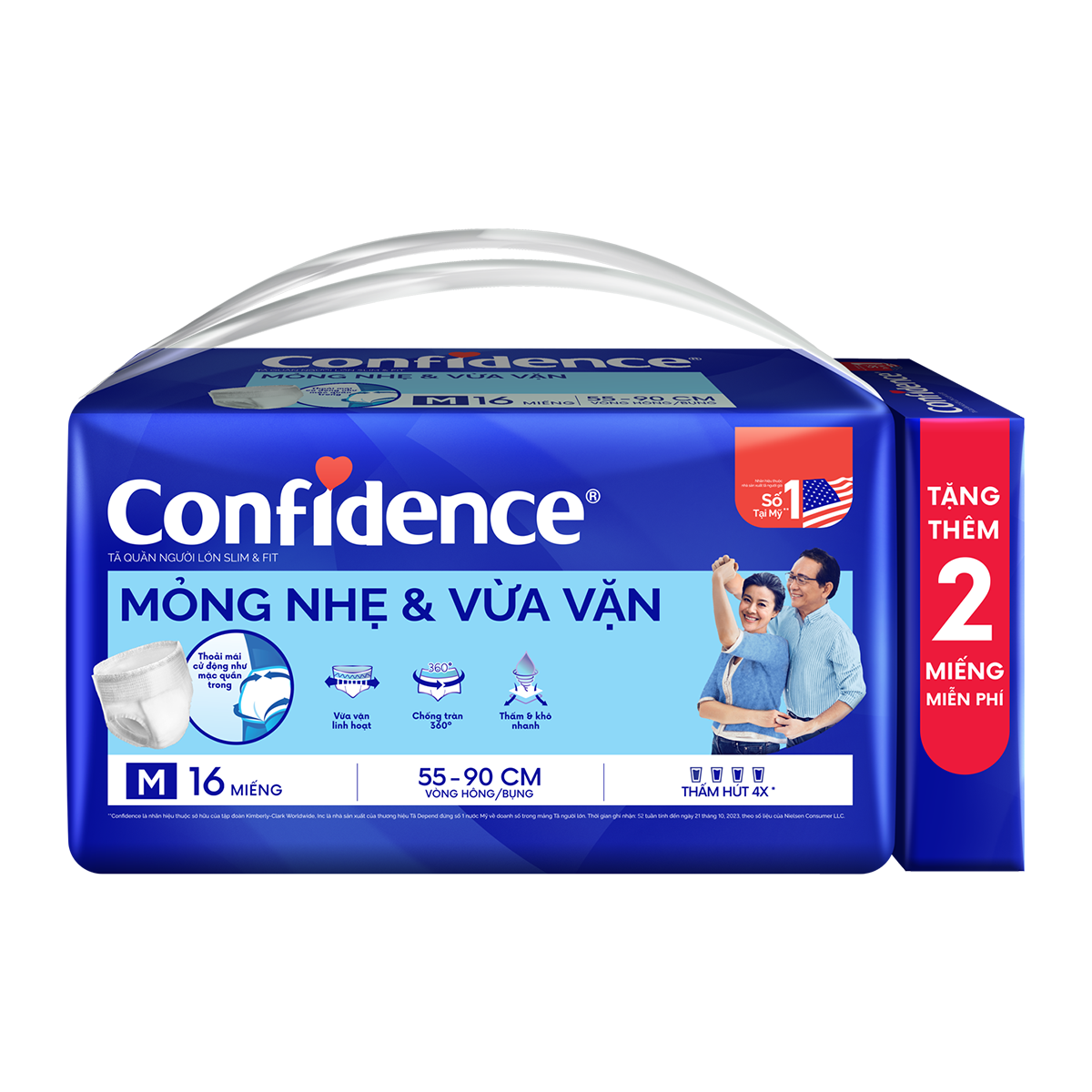 Tã quần người lớn Confidence Slim&amp;Fit mỏng nhẹ vừa vặn size M gói 16+2 miếng