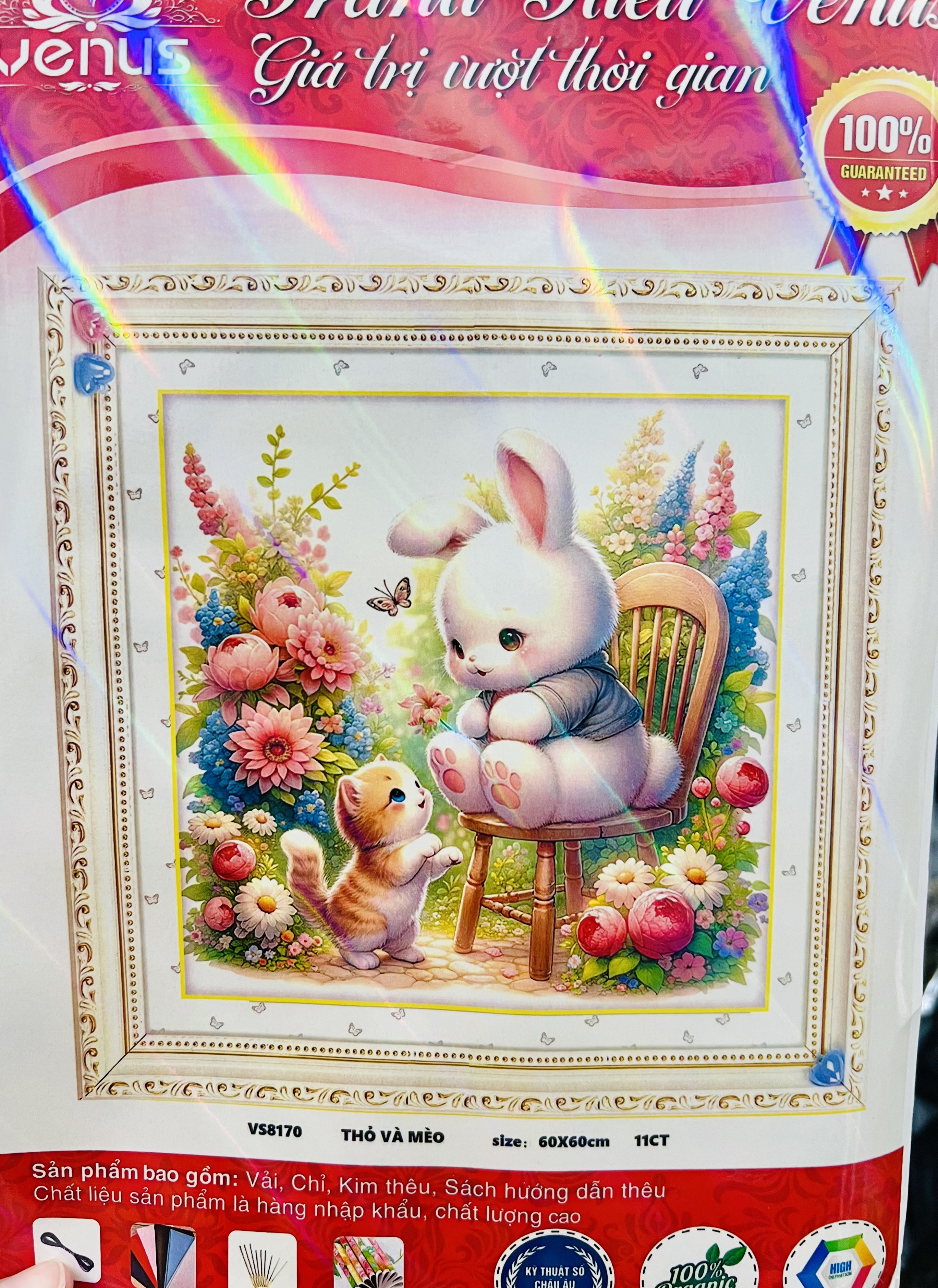 Tranh thêu kín Thỏ và mèo vs8170, kích thước 60 x 60 cm