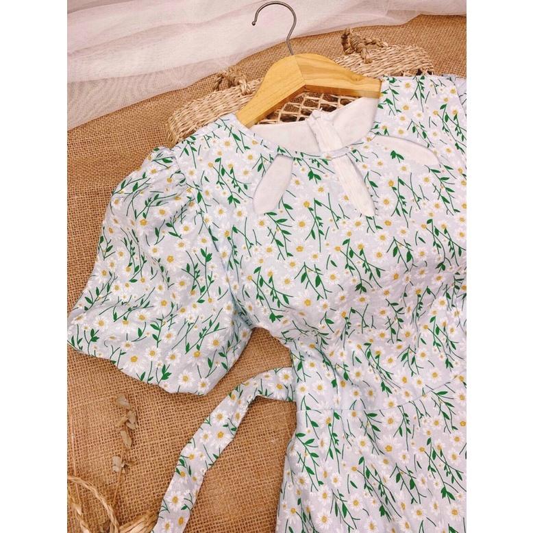 Đầm babydoll hoa nhí, Váy hoa nhí trắng dáng xòe Cao Cấp tay ngắn có dây cột eo, nữ tính quyến rũ - MiNhi Fashion