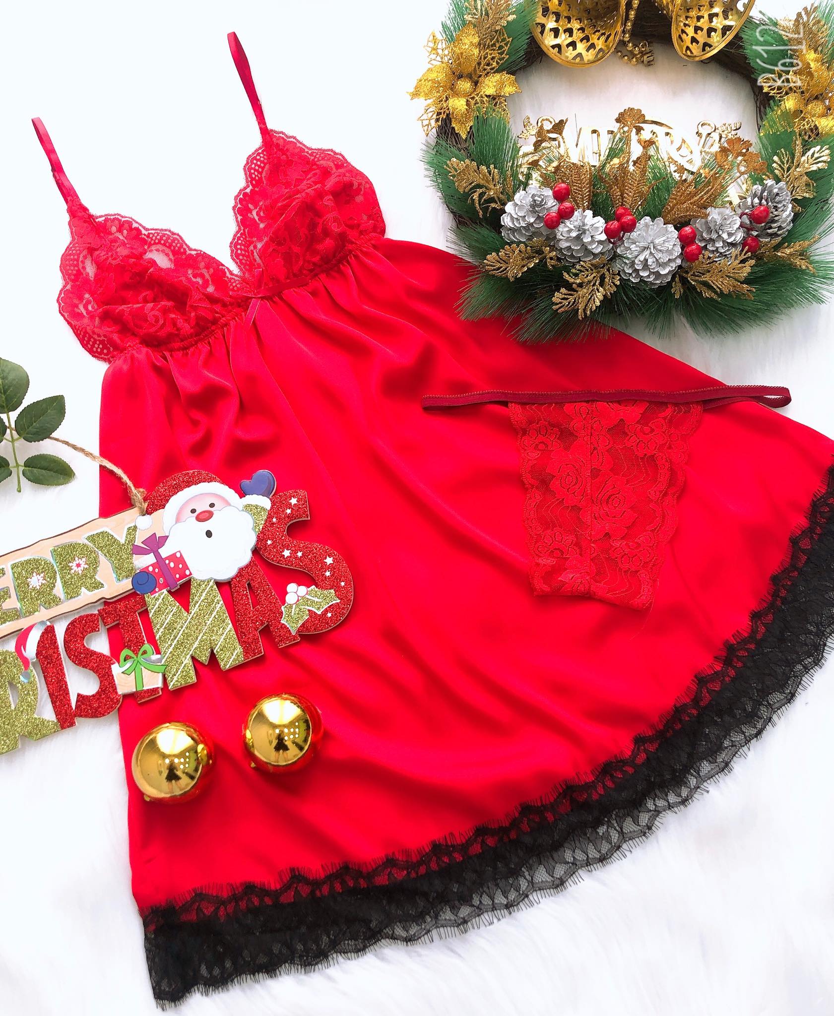 Váy ngủ lụa xòe hai dây đỏ tươi tặng kèm quần chíp gợi cảm