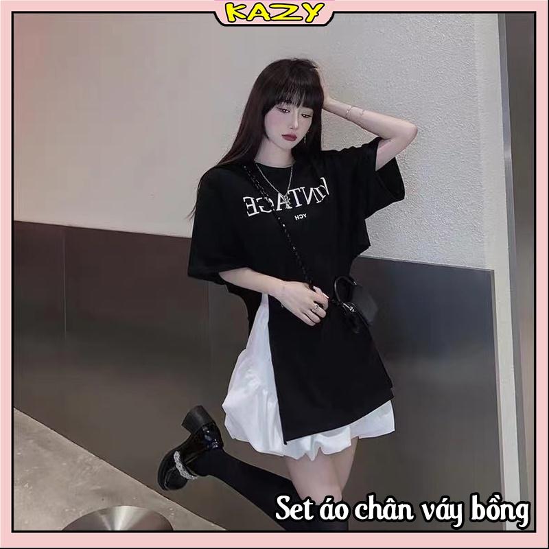Áo thun nữ form rộng xẻ tà, Set áo chân váy bồng bềnh cạp chun KAZY STORE B003