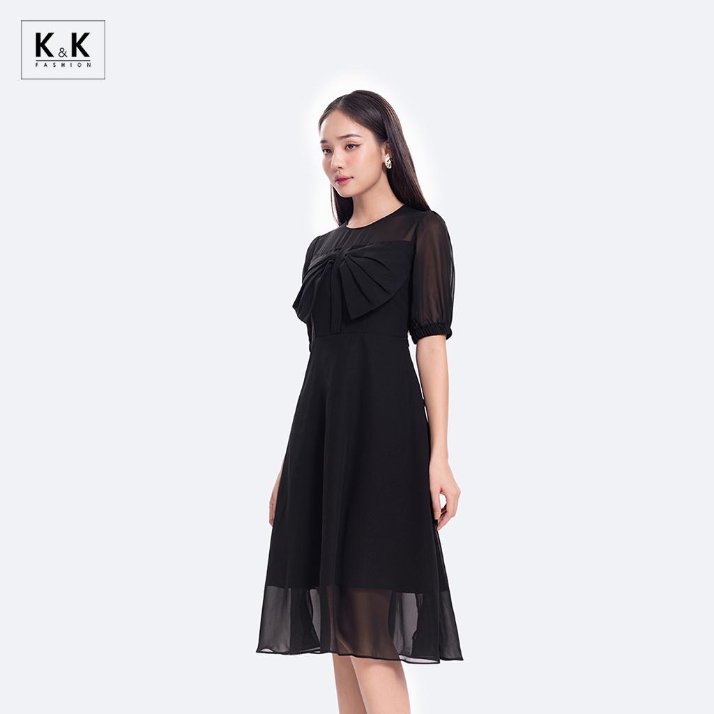 Đầm Đen Dáng Xòe Phối Nơ Ngực K&amp;K Fashion KK118-39 Chất Liệu Tằm Ý
