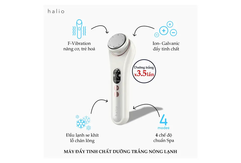 Máy đẩy tinh chất dưỡng trắng nóng lạnh Halio Ion Hot & Cool Beauty Device - màu trắng - 4 chế độ làm lạnh - Dưỡng trắng chống lão hóa - Hàng chính hãng