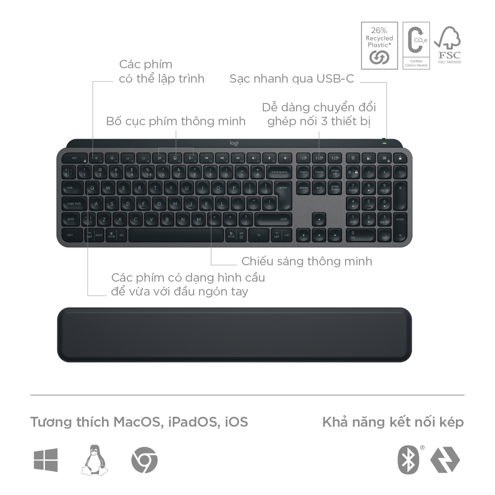 Combo Chuột &amp; Bàn Phím Bluetooth không dây Logitech MX Keys S Combo - Có gác tay, Chiếu sáng, USB-C - Hàng chính hãng