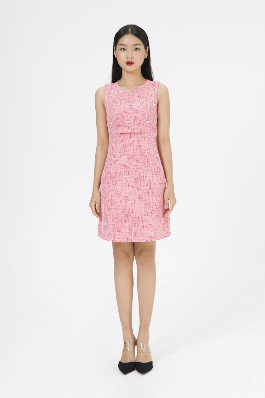 De Leah - Đầm Ôm Tweed Đính Đá - Đỏ trắng