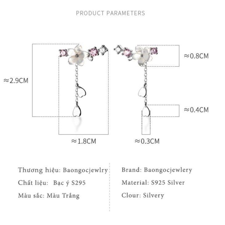 Bông Tai Bạc Nữ Dáng Dài Hình Bông Hoa, Khuyên Tai Nữ Bạc S925 Hình Bông Hoa 5 Cánh Đính Đá Sang Trọng - B2630 - Bảo ngọc Jewelry