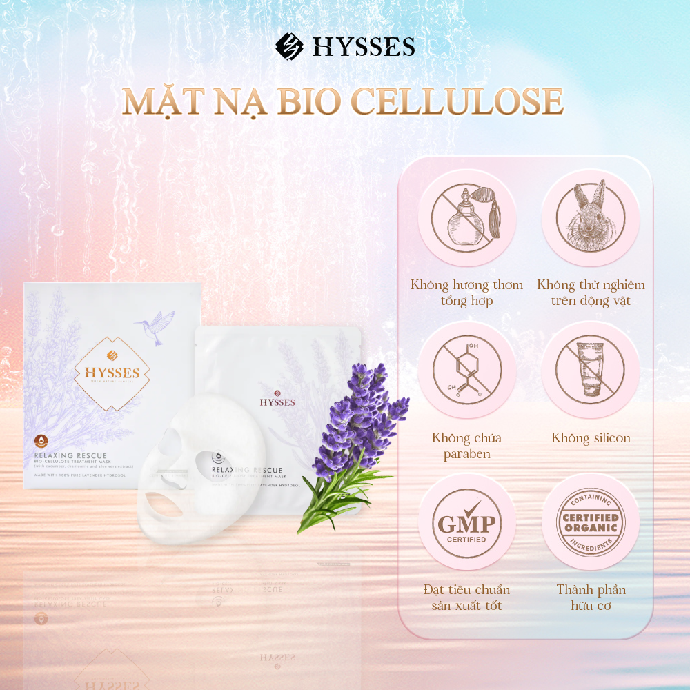 Mặt Nạ Sinh Học Cao Cấp Hysses Bio Cellulose Relaxing Giảm Tình Trạng Kích Ứng, Mẩn Đỏ, Se Nhỏ Lỗ Chân Lông, Mờ Nếp Nhăn, Cấp Ẩm Tức Thì Với Tinh Dầu Oải Hương Hữu Cơ Tự Nhiên
