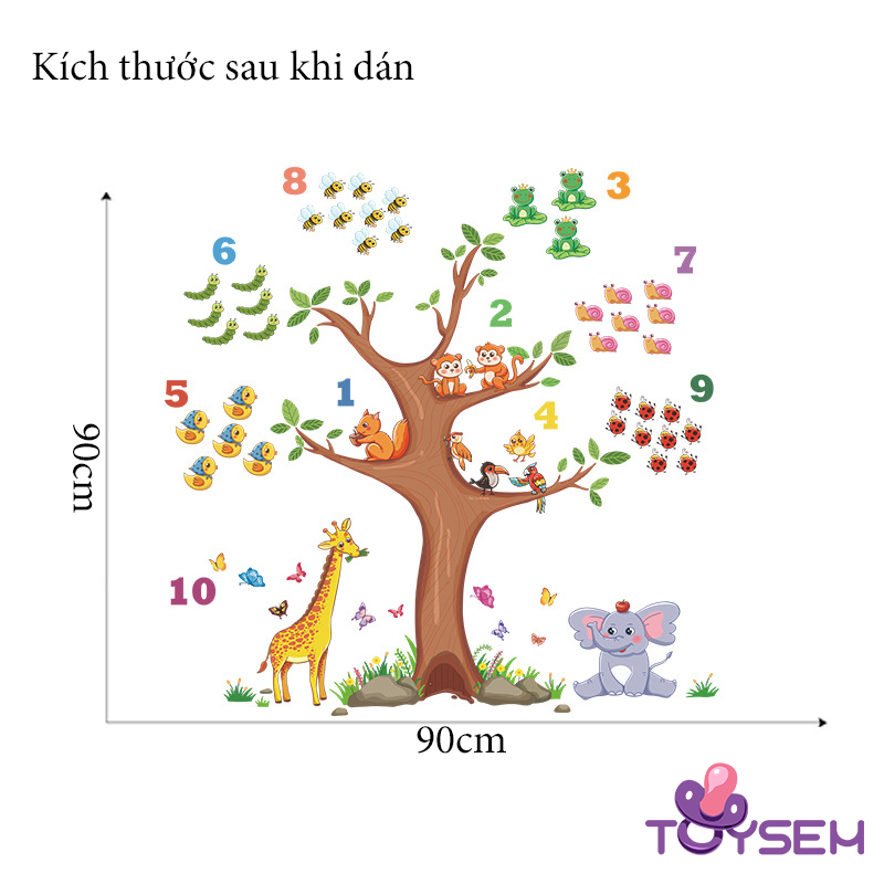 Decal trang trí dán tường cho bé tập đếm số và hình thú rừng, Giấy dán tường trang trí phòng cho bé, Decal trang trí nhà cửa