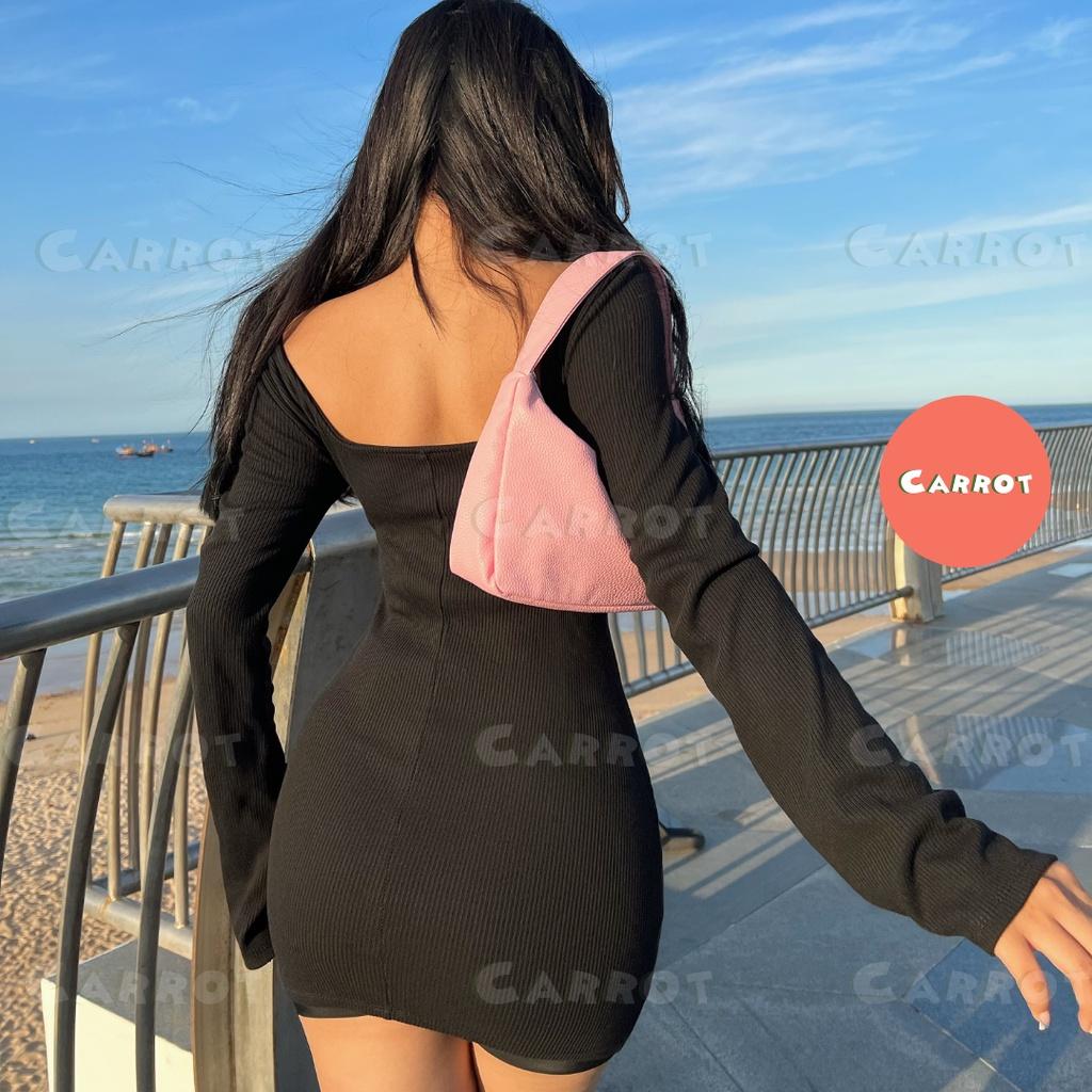Đầm body trắng sexy tay dài dự tiệc váy dáng ôm khoét ngực soắn ngực chất thun co giãn tốt freesize carrotxinhdep